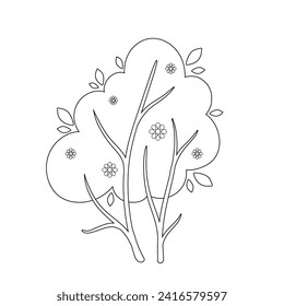 Outline,coloring of spring flowering bushes.Vector graphics.
