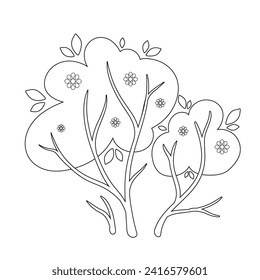 Outline,coloring of spring flowering bushes.Vector graphics.