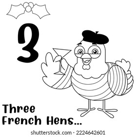 Outlined The 12 Days Of Christmas - 3-Rd Day - Three French Hens. Vector Hand Drawn Illustration Isolated On White Background With Text