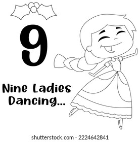 Outlined The 12 Days Of Christmas - 9Th Day - Nine Ladies Dancing. Vector Hand Drawn Illustration Isolated On White Background With Text
