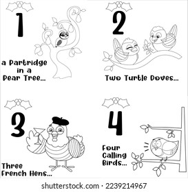 Outlined The 12 Days of Christmas. Vector Hand Draw Collection Set Isolated On White Background