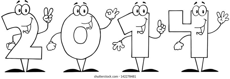 Outlined 2014 New Year Numbers Cartoon Characters