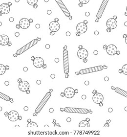 Outlined abstract candies doodle anti-stress coloring book page for adults and children. Seamless doodle pattern