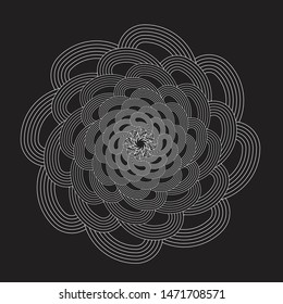 Outlined abstract flower arabesque illustration. Leaf elements in radial composition. Logo template design. Tribal. Mandala. Floral symbol. Yoga. Tattoo. Black and white rossete ornament.