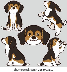 Outlined adorable dark tri colored Beagle illustrations