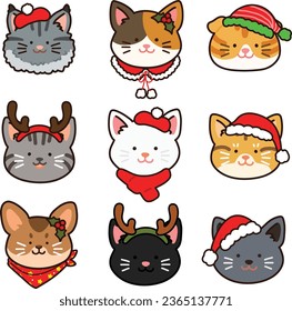 Outlined adorable and simple cat heads set Christmas version