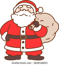 Outlined adorable and simple illustration of Santa Claus carrying a sack of presents