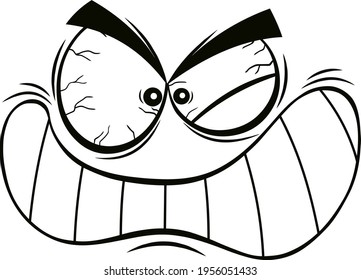 Outlined Aggressive Cartoon Funny Face With Angry Expression And Gnash Teeth. Vector Illustration Isolated On White Background