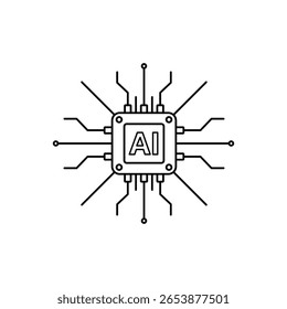 Icono de microchip de IA delineado con conexiones detalladas y diseño tecnológico.