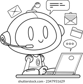 Outlined AI Robot Chat Bot Cartoon Character Call And Chat From Laptop. Vector Hand Drawn Illustration Isolated On Transparent Background