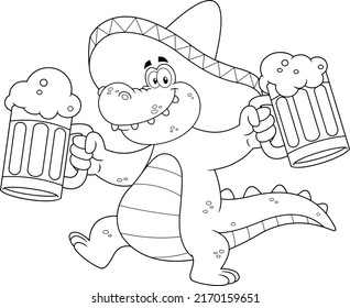 Outlined Alligator Or Crocodile Cartoon Character Running With Mexican Sombrero And Two Beer Glasses Mug. Vector Hand Drawn Illustration Isolated On White Background