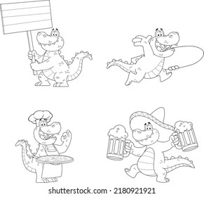 Outlined Alligator Or Crocodile Cartoon Character Different Poses. Vector Hand Drawn Collection Set Isolated On White Background