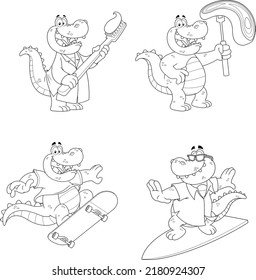 Outlined Alligator Or Crocodile Cartoon Character Different Poses. Vector Hand Drawn Collection Set Isolated On White Background