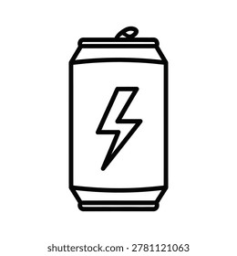 An outlined aluminum beverage can with a bold lightning bolt symbol, representing energy, power, and a quick thirst quencher.