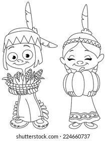 Outlined American Indian children sharing food for Thanksgiving. Vector illustration coloring page.