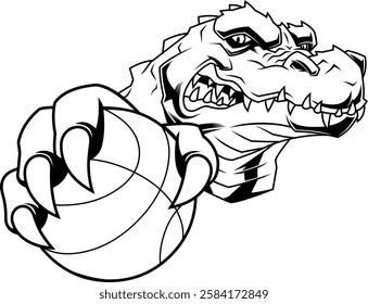 Outlined Angry Alligator Clawing Basketball Sports Mascot Logo Design. Vector Hand Drawn Illustration Isolated On Transparent Background