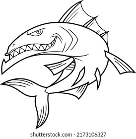 Outlined Angry Barracuda Fish Cartoon Character with Sharp Teeth Jumping. Vector Hand Drawn Illustration Isolated On White Background