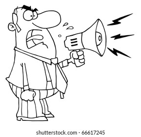 Outlined Angry Boss Man Screaming Into Megaphone