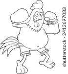 Outlined Angry Boxer Chicken Rooster Cartoon Character Wearing Boxing Gloves. Vector Hand Drawn Illustration Isolated On Transparent Background