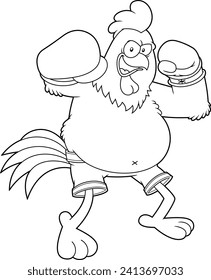 Outlined Angry Boxer Chicken Rooster Cartoon Character Wearing Boxing Gloves. Vector Hand Drawn Illustration Isolated On Transparent Background