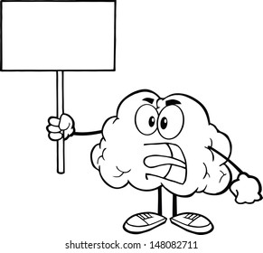 Outlined Angry Brain Cartoon Character Screaming And Holding Up A Blank Sign