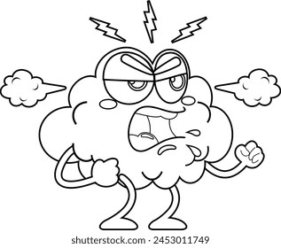 Outlined Angry Brain Cartoon Character Screaming. Vector Hand Drawn Illustration Isolated On Transparent Background