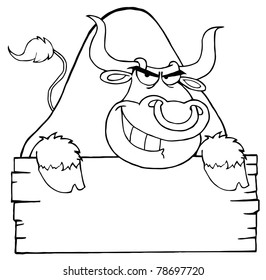 Outlined Angry Bull Looking Over A Blank Wood Sign