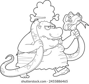 Outlined Angry Cave Woman Catching A Big Snake Cartoon Characters. Vector Hand Drawn Illustration Isolated On Transparent Background