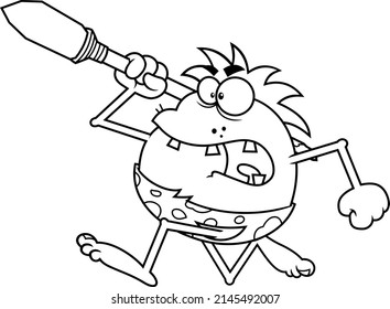 Outlined Angry Caveman Cartoon Character Running With A Spear. Vector Hand Drawn Illustration Isolated On White Background