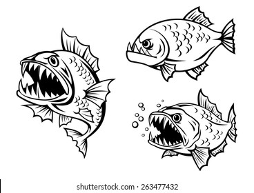 Outlined angry dangerous piranha fishes with open mouths, sharp teeth and fins suitable for mascot or underwater wildlife design