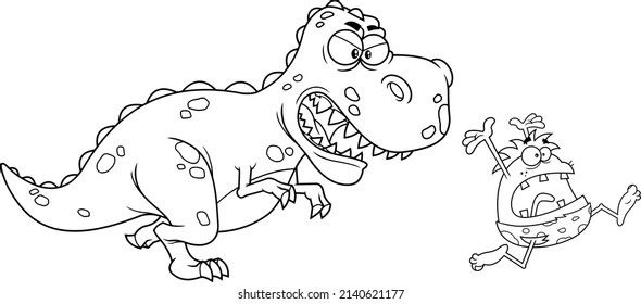 Dinosaurio Enfadado Que Persigue A Personajes De Caricatura De Caveman. Ilustración dibujada a mano vectorial aislada en fondo blanco
