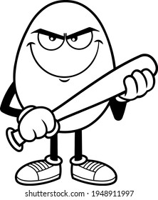 Outlined Angry Easter Egg Cartoon Character With Baseball Bat. Vector Illustration Isolated On White Background