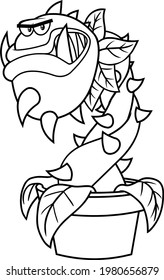 Outlined Angry Evil Carnivorous Plant Cartoon Character. Vector Hand Drawn Illustration Isolated On Transparent Background