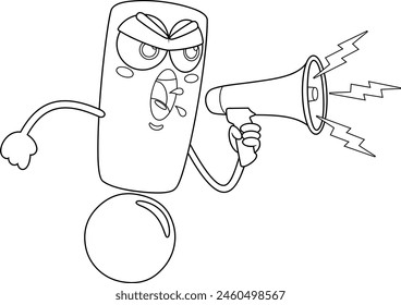 Outlined Angry Exclamation Mark Cartoon Character Speaking Through A Megaphone. Vector Hand Drawn Illustration Isolated On Transparent Background
