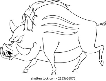 Outlined Angry Giant Wild Boar Cartoon Character Running. Vector Hand Drawn Illustration Isolated On White Background