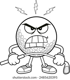 Outlined Angry Golf Ball Cartoon Character Bending Golf Club. Vector Hand Drawn Illustration Isolated On Transparent Background