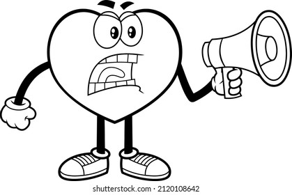 Outlined Angry Heart Cartoon Character Screaming Into Megaphone. Vector Hand Drawn Illustration Isolated On White Background