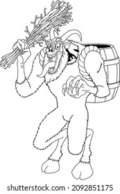 Outlined Angry Krampus Or Christmas Devil Cartoon Character. Vector Hand Drawn Illustration Isolated On Transparent Background