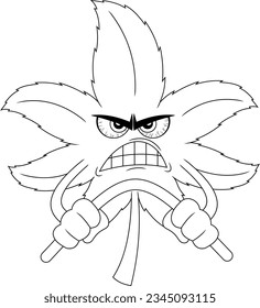 Outlined Angry Marijuana Leaf Cartoon Character With Hands Bend A Metal Rod. Vector Hand Drawn Illustration Isolated On Transparent Background