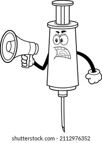 Outlined Angry Medical Syringe Vaccine Cartoon Character Screaming Into Megaphone. Vector Hand Drawn Illustration Isolated On Transparent Background