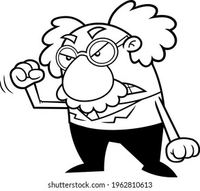 Outlined Angry Science Professor Cartoon Character. Vector Hand Drawn Illustration Isolated On Transparent Background