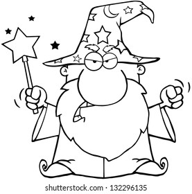 Outlined Angry Wizard Waving With Magic Wand