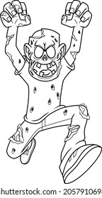 Outlined Angry Zombie Cartoon Character Attacking. Vector Hand Drawn Illustration Isolated On White Background