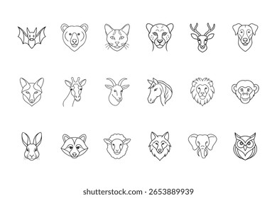 Esboçado Animal Faces Coleção Morcego Urso Gato Chita Veado Cão Raposa Girafa Cabra Cavalo Leão Macaco