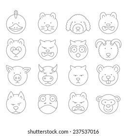 Outlined animal, pets icon set, vector illustration. hen, cockerel, cockerel, cat, poodle, dog, frightened cat, owl, pig, frog, monkey, sheep, cow, predators, herbivores, reptiles, birds, mammals