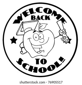 Outlined Apple Character Graduate Holding A Diploma With Text Back to School Banner