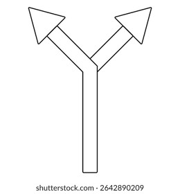 Outlined arrow icon. Overlapping fork shape. Directional path guide. Vector illustration.
