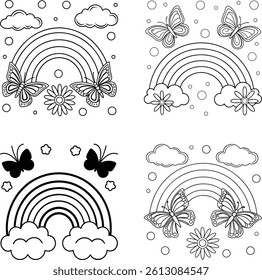 Outlined artwork presents rainbows, clouds, flower and butterflies on a white background. Illustration for coloring or educational resource.