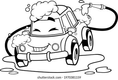 Outlined Automobile Cartoon Character Washing Itself Over Car Wash. Vector Hand Drawn Illustration Isolated On Transparent Background