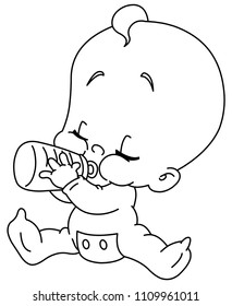 Outlined baby drinking bottle. Vector line art illustration coloring page.